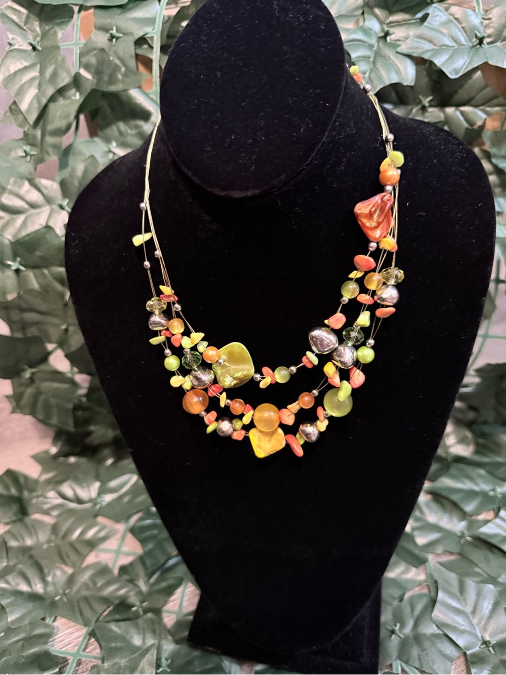 Multi-Strand Green & Orange Bead Necklace